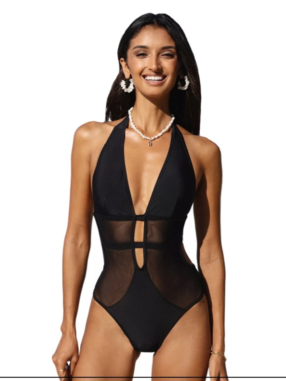 NWT- Black Halter Mesh Cutout One-Piece Swimsuit
